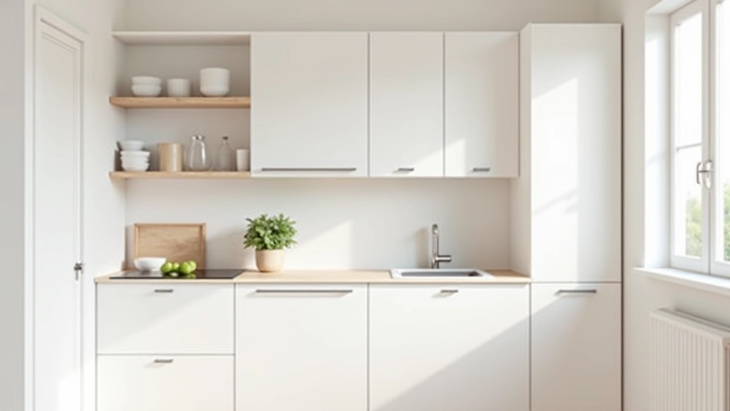 Cozinha compacta com armários brancos e organização vertical eficiente
