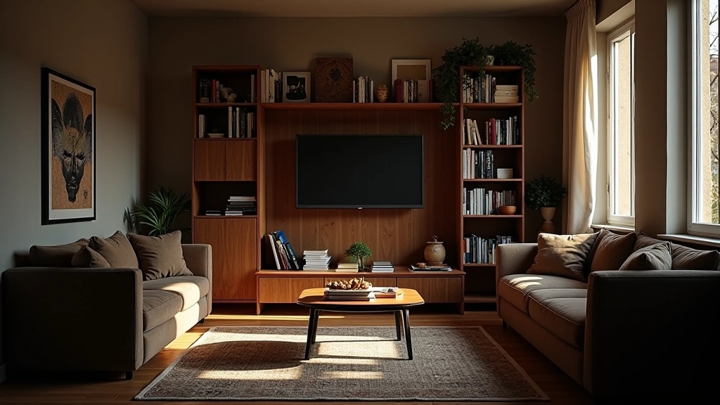 Apartamento pequeno desorganizado com cores escuras, móveis grandes, pouca iluminação e sensação de apertado