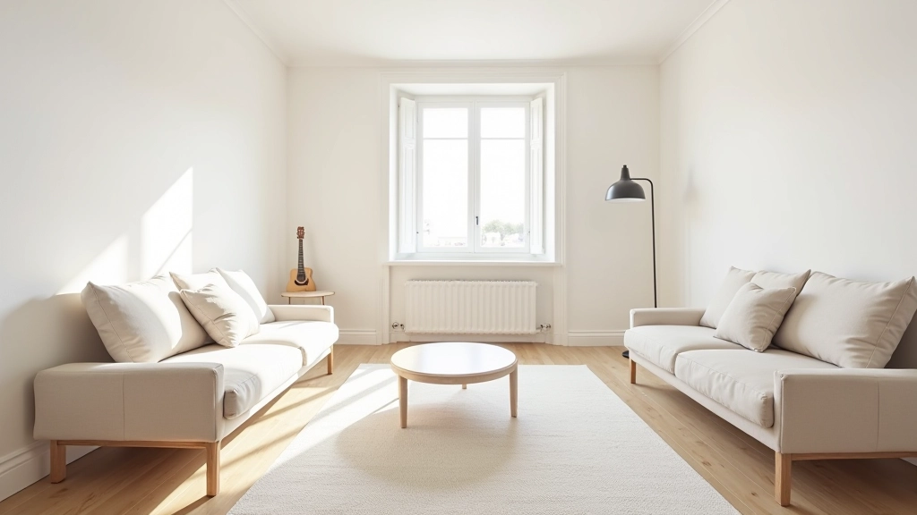 Mesmo apartamento reorganizado com cores claras, móveis multifuncionais, iluminação natural abundante e sensação espaçosa e organizada