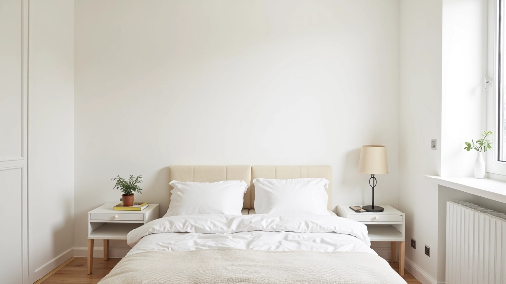 Quarto compacto com cama multifuncional e paleta de cores brancas e bege