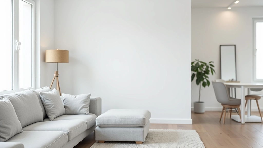 Sala de estar em apartamento pequeno com sofá cinza claro e iluminação estratégica